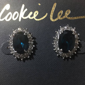 Cookie Lee Genuine Blue Crystal Oval Earrings with Faux Diamonds